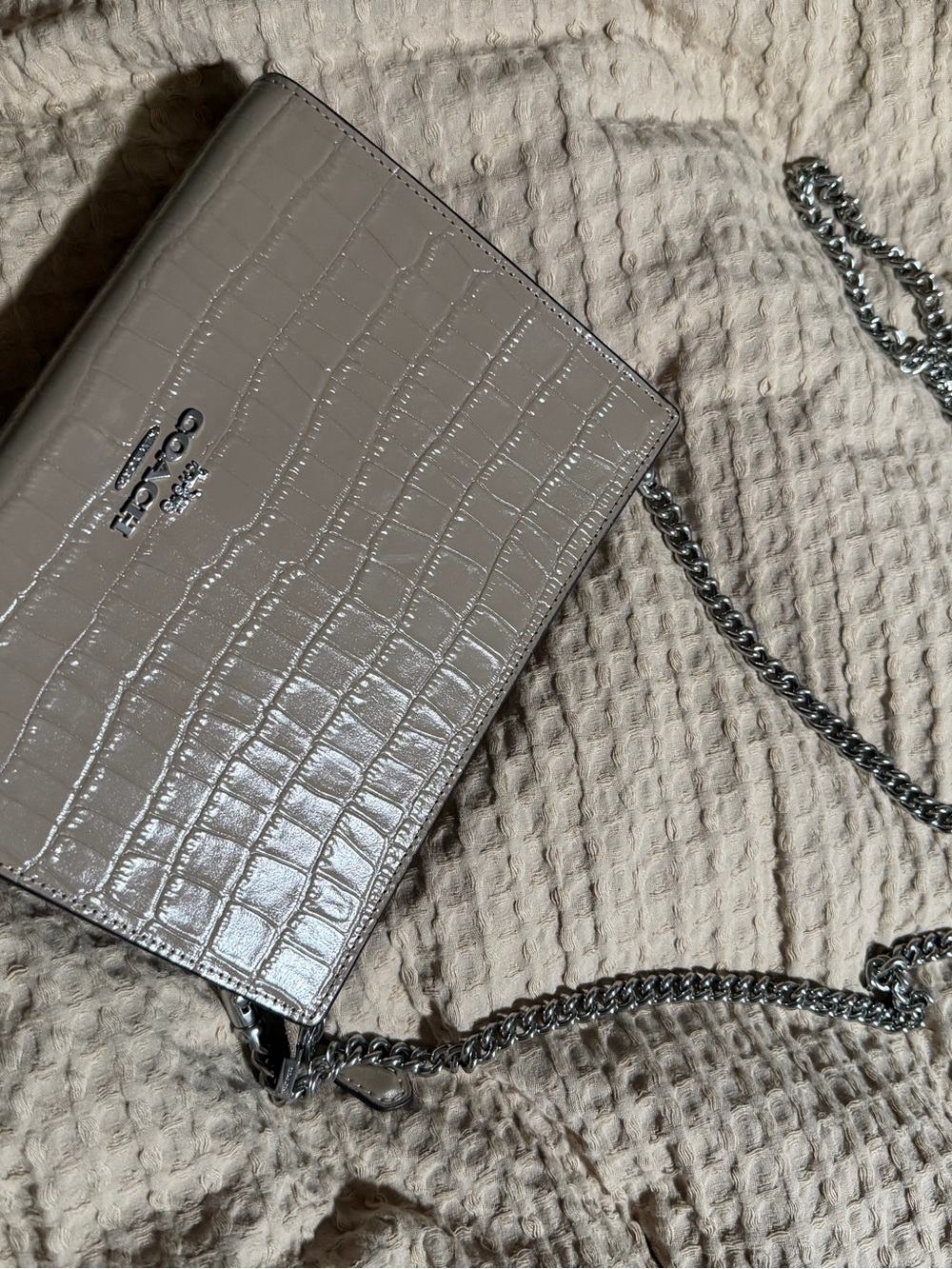 Coach Croc-Embossed Chain Crossbody in Taupe Gray